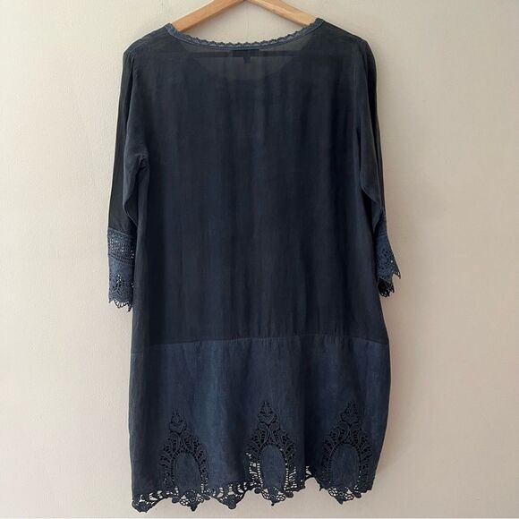 Boho Tunic Lace Trimmed Stonewashed Navy Medium Crosstree Lane - Picture 4 of 8